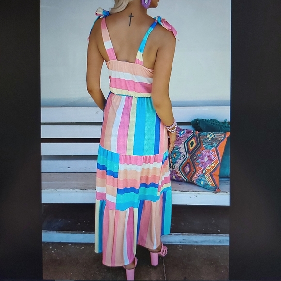 082. Multicolor Color Block Striped BowKnot Straps Maxi Dress  Size M - Picture 3 of 16